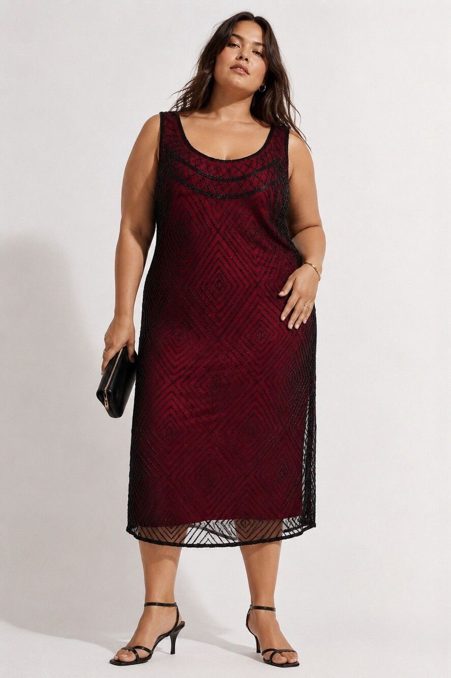 Laurence Kazar Beaded Sequin Cocktail Dress 1X Red Black Sheer Overlay Art Deco